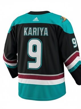 adidas Black Teal KARIYA #9 Hockey Jersey with Maroon Accents